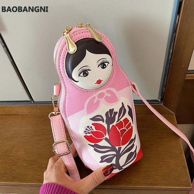 Matryoshka Print Crossbody Bag PU Leather Shoulder Bag