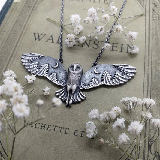 Vintage Barn Owl Moon Forest Necklace Woman Party Jewelry Gift