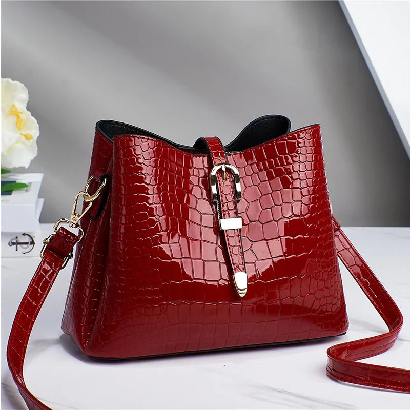 Crocodile Pattern Bucket Bag Leather Crossbody Satchel Shoulder Bag