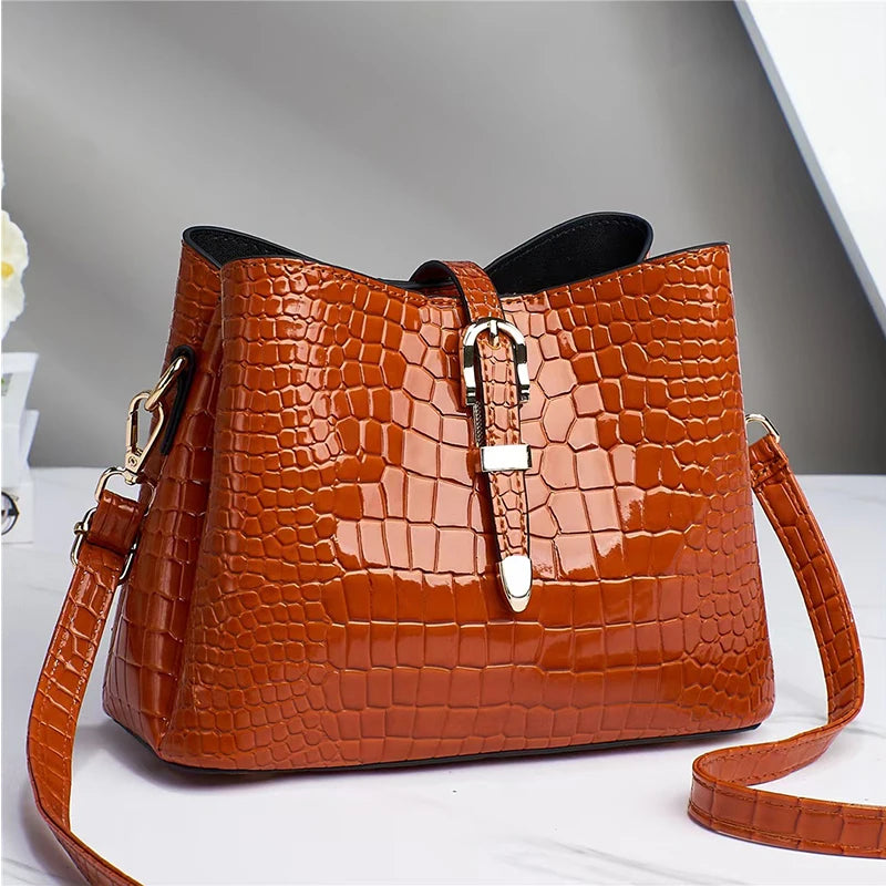 Crocodile Pattern Bucket Bag Leather Crossbody Satchel Shoulder Bag