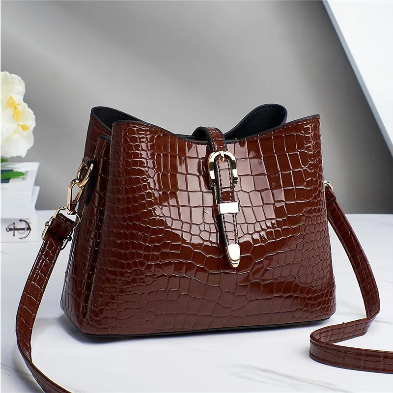 Crocodile Pattern Bucket Bag Leather Crossbody Satchel Shoulder Bag