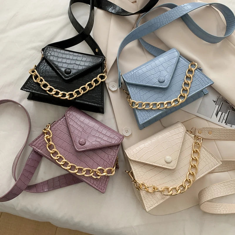 Crocodile Pattern Chain Crossbody Bag Women Leather Small Flap