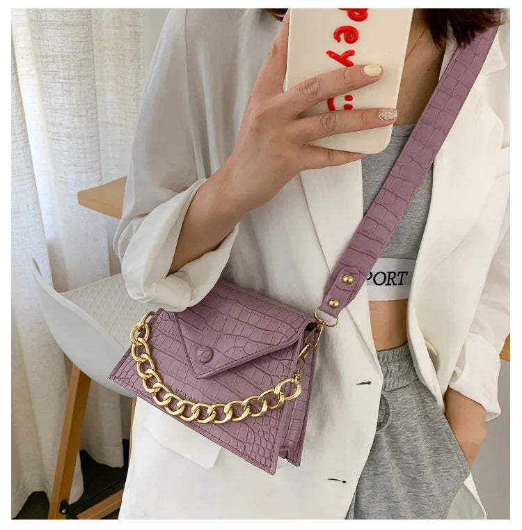 Crocodile Pattern Chain Crossbody Bag Women Leather Small Flap