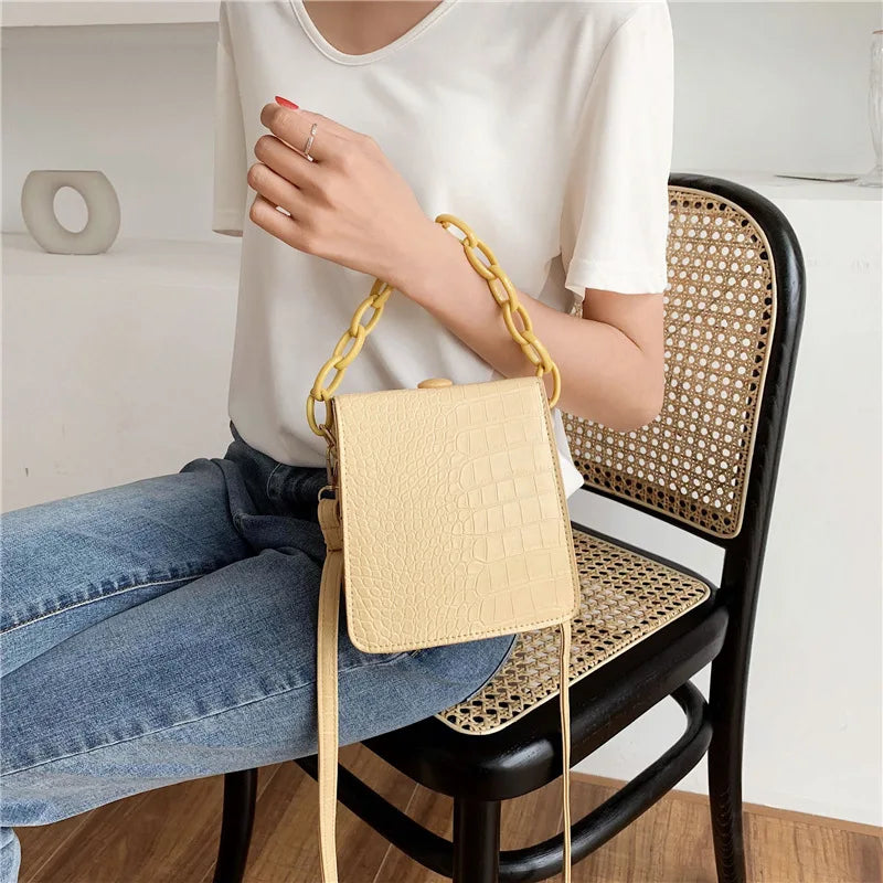 Crocodile Pattern Square PU Handbag Women Solid Acrylic Chain Shoulder Bag