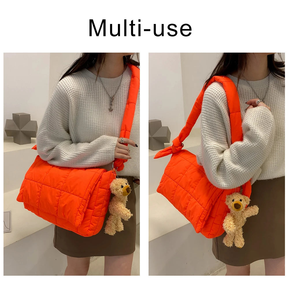 Winter Bear Shoulder Bag Quilted Space Cotton Tote Big Padded Bags