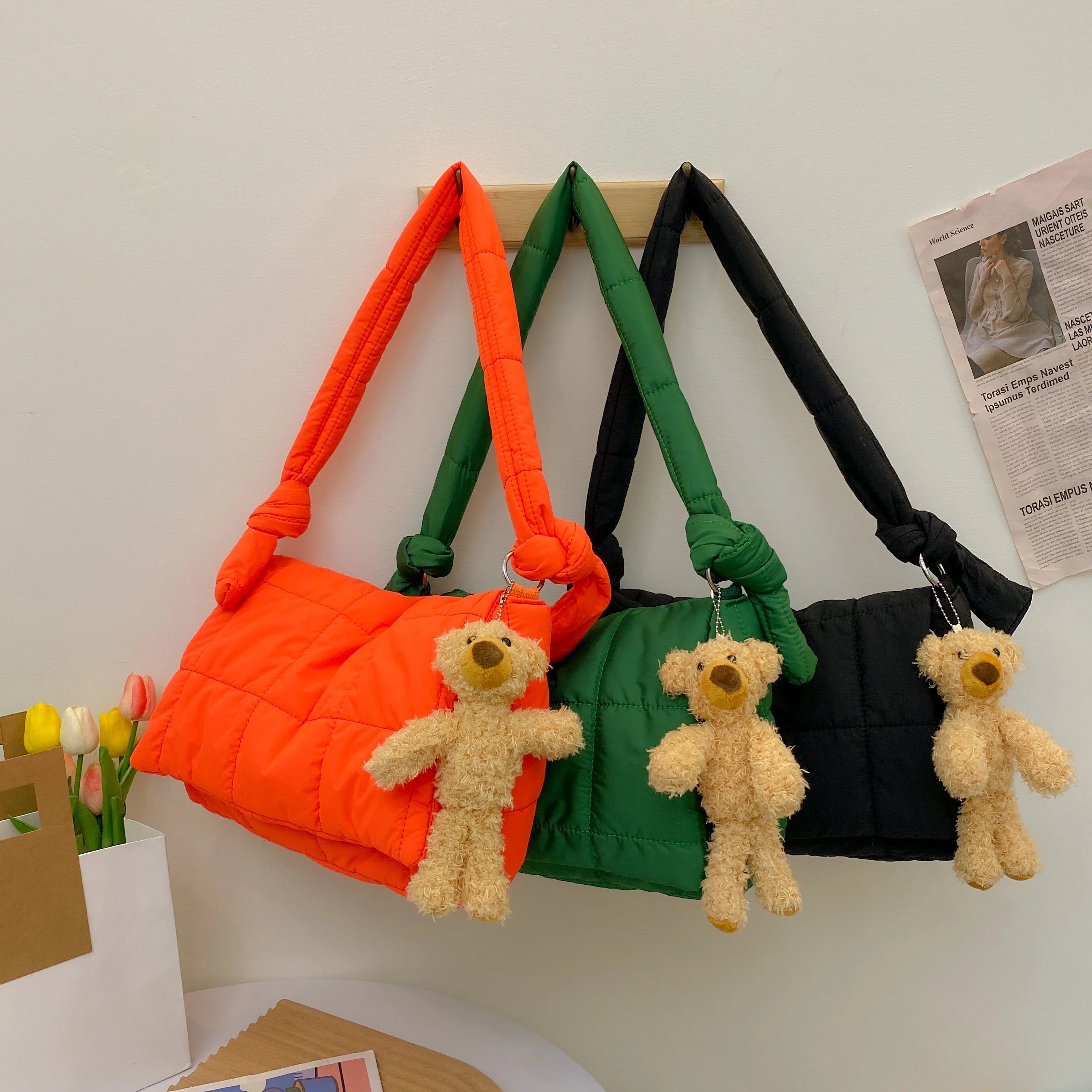 Winter Bear Shoulder Bag Quilted Space Cotton Tote Big Padded Bags