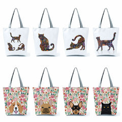 Floral Pet Dog Cat Print Women Tote Handbags Casual School Traveling Shoulder Ba