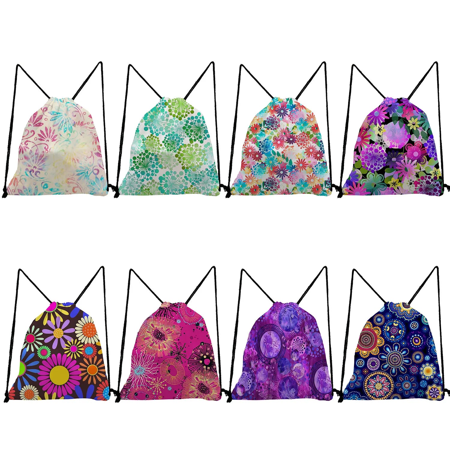 Portable Women Backpack Round Floral Drawstring Pocket Foldable Storage Bags