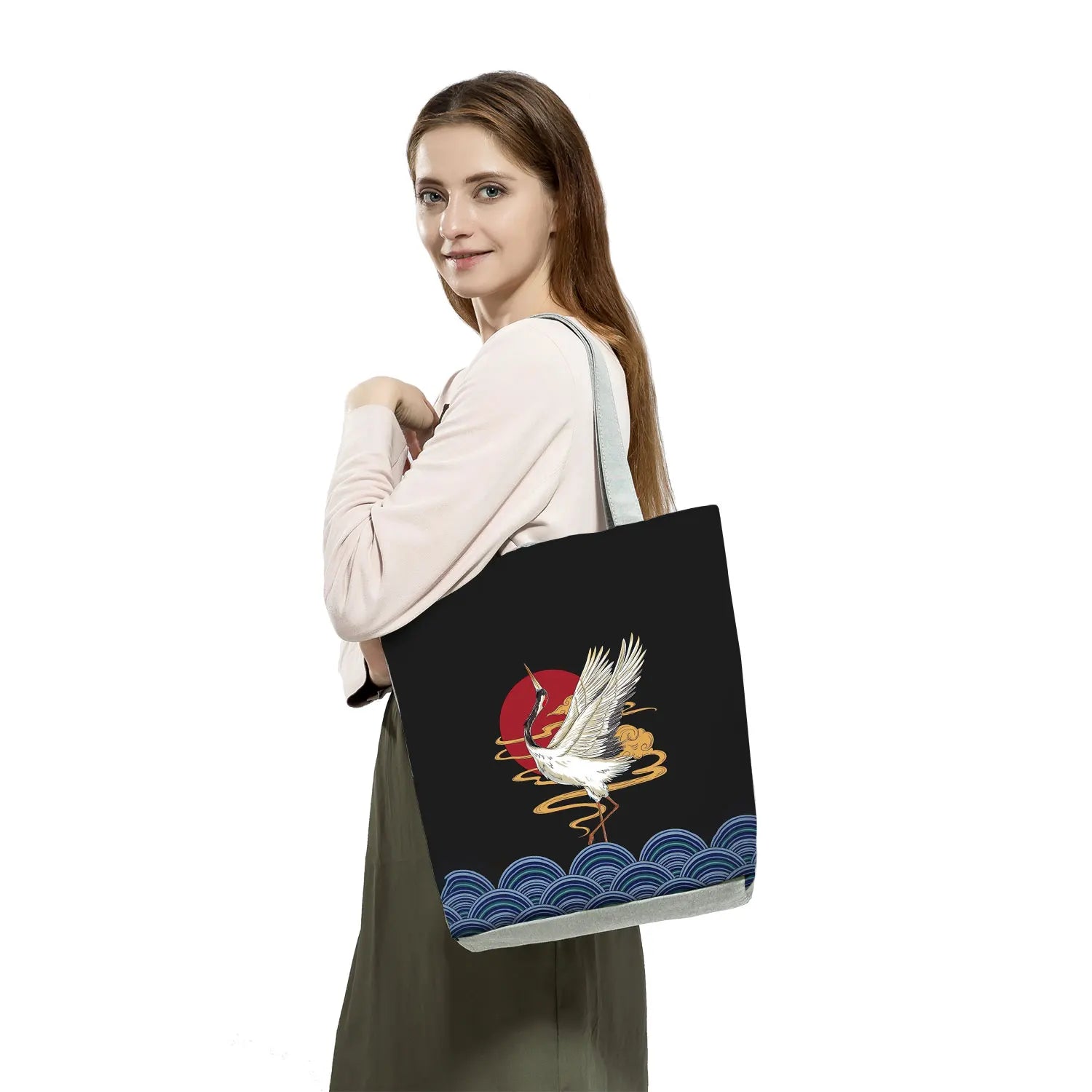 Japanese Tote Crane Print Shoulder Bag Handbag Travel Reusable