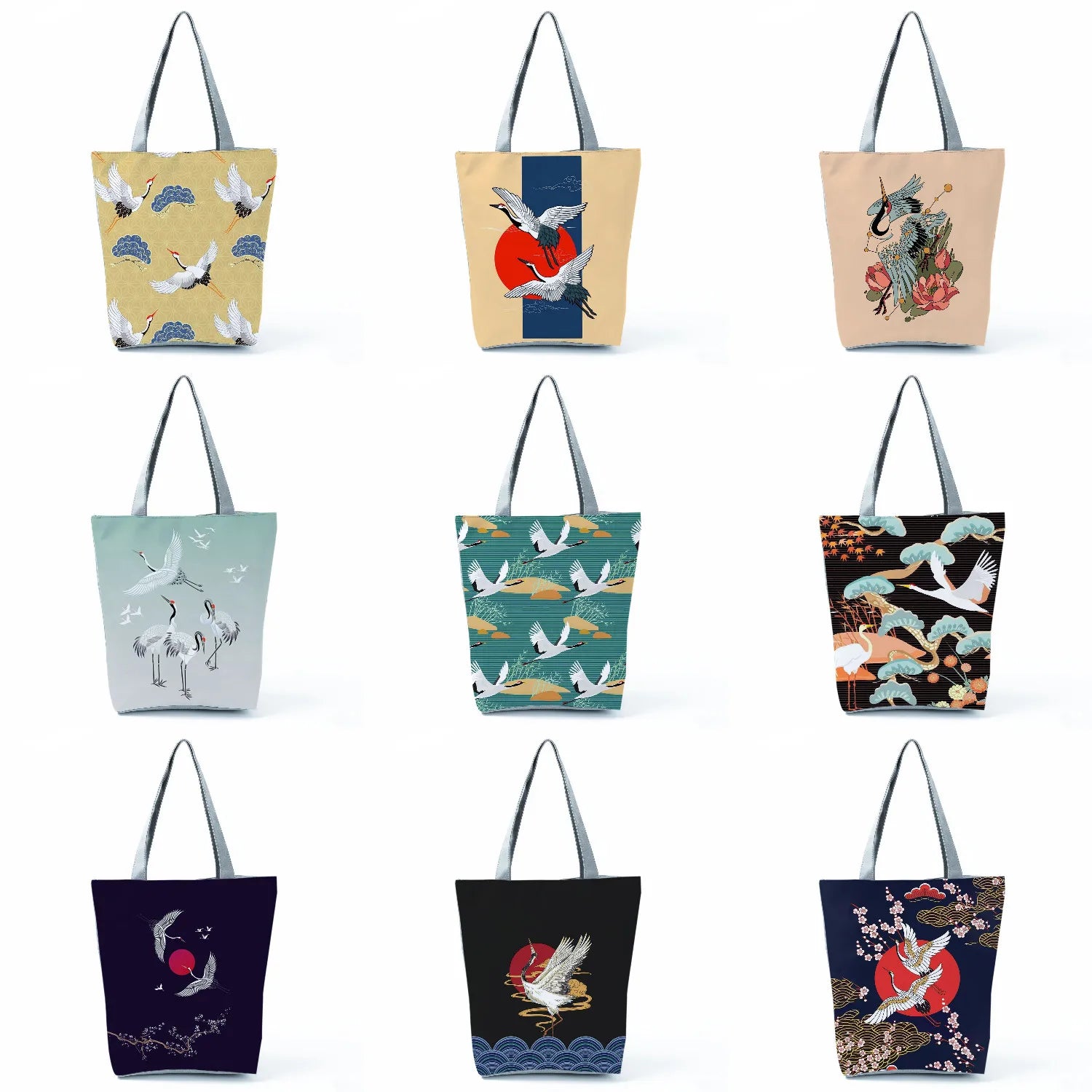 Japanese Tote Crane Print Shoulder Bag Handbag Travel Reusable