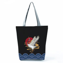 Japanese Tote Crane Print Shoulder Bag Handbag Travel Reusable