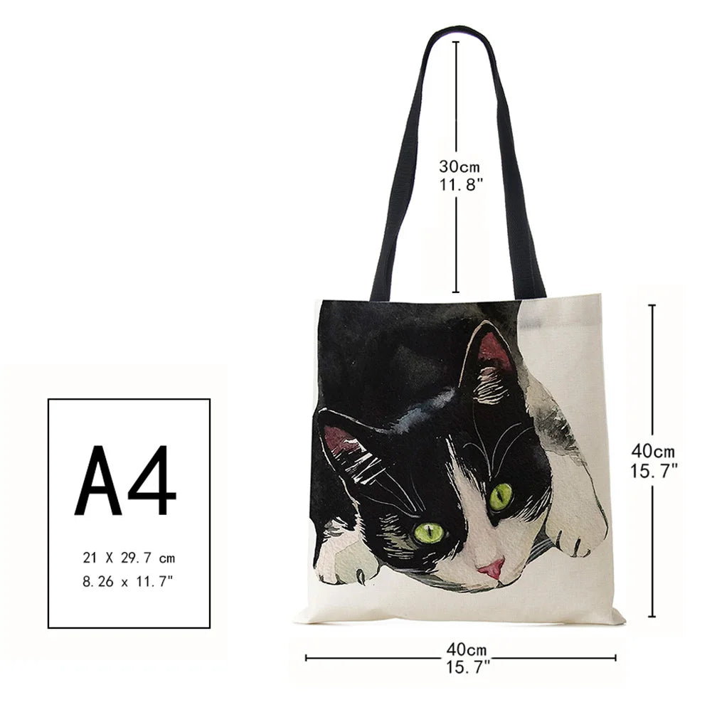 Watercolor Cat Painting Print Tote Bag Eco Reusable Shopper Shoulder Bags