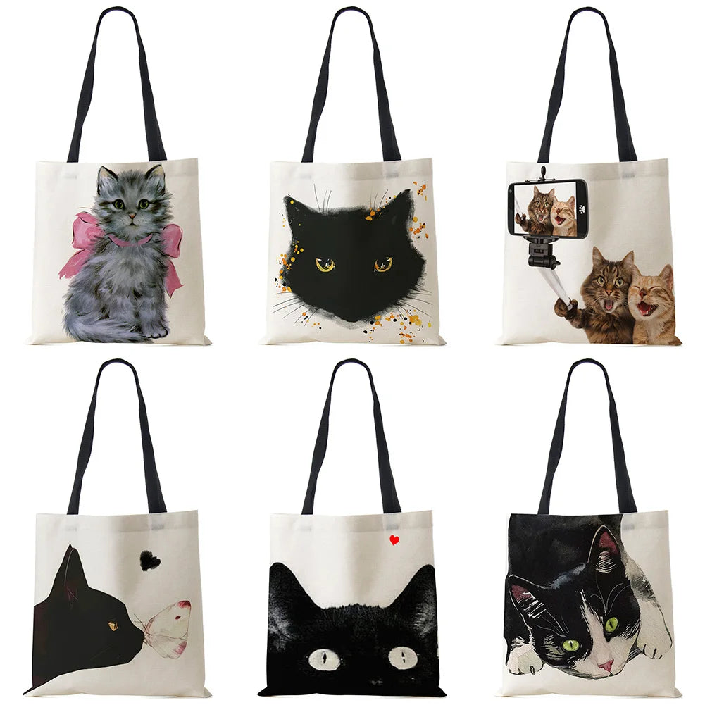 Watercolor Cat Painting Print Tote Bag Eco Reusable Shopper Shoulder Bags