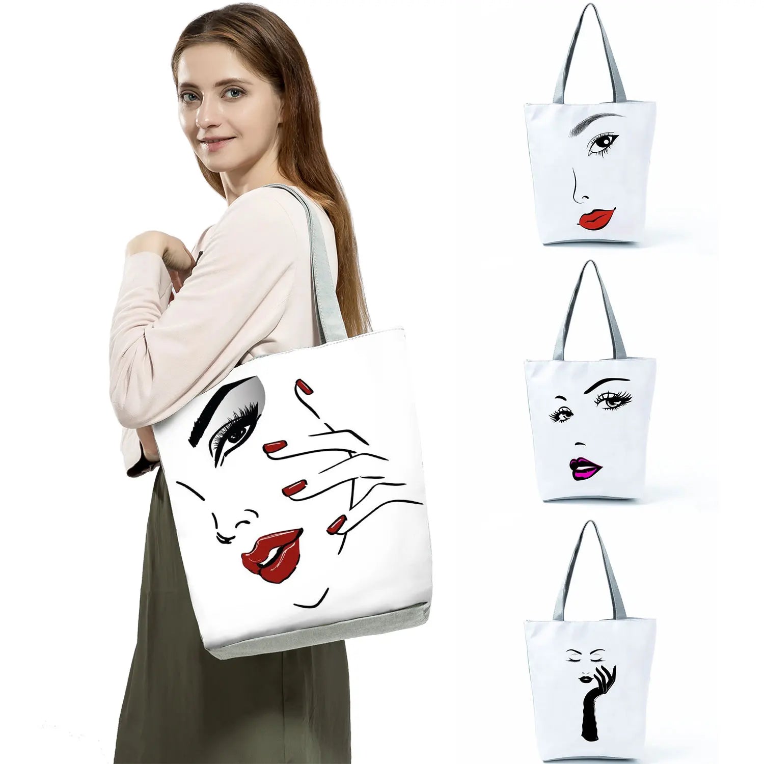 Women Red Lips Print Tote Handbag Practical Shoulder Bag