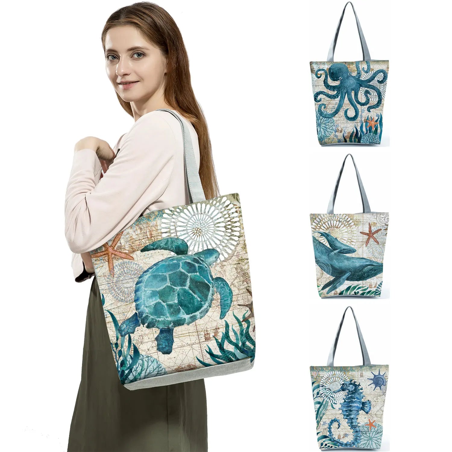 Tote Bag Seahorse Turtle Octopus Whale Printed Traveling Eco Reusable Bags