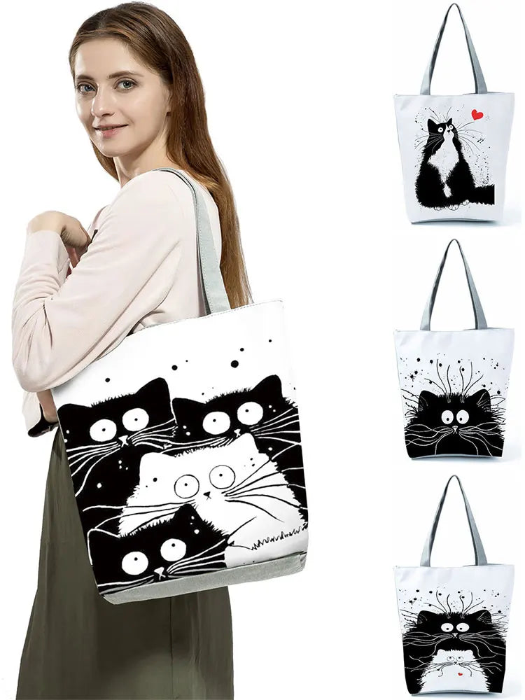 Cat Print Tote Bag for Women Shoulder Handbag Casual Beach Travel