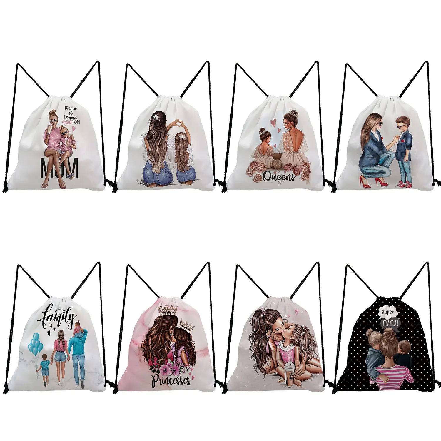 Unisex Backpack Cartoon Mama Print Drawstring Pocket Mom and Baby Pattern