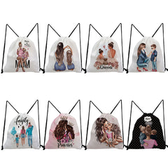 Unisex Backpack Cartoon Mama Print Drawstring Pocket Mom and Baby Pattern