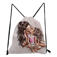 Unisex Backpack Cartoon Mama Print Drawstring Pocket Mom and Baby Pattern