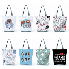 Cartoon Dentist Nurse Print Tote Eco Reusable Shopping Bag For Groceries