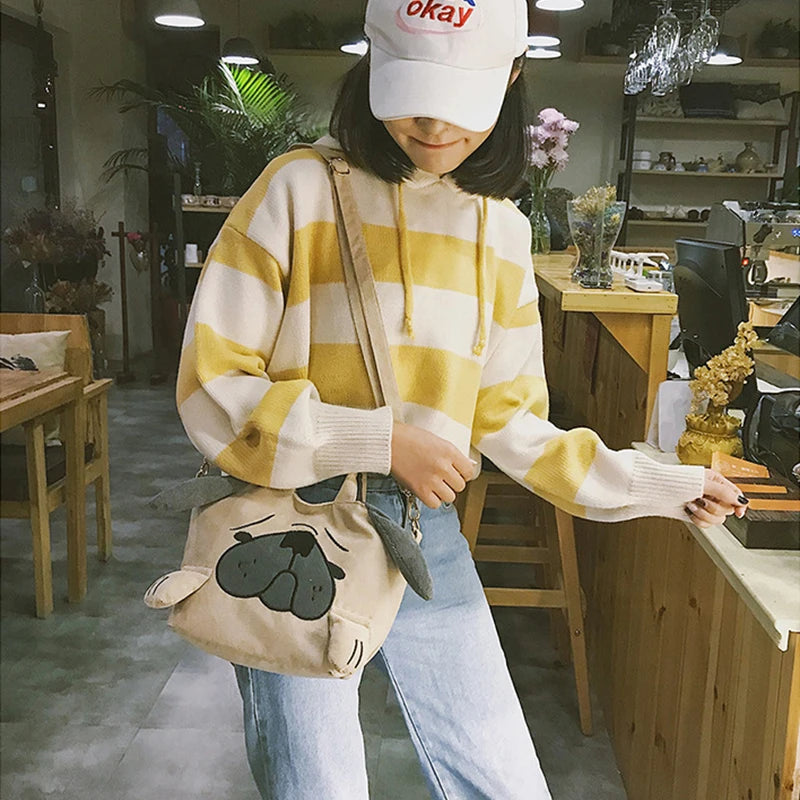 Pug Dog Corduroy Messenger Bag for Women Casual Travel Tote Shoulder Bags