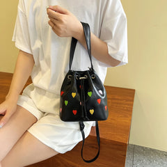 Love Heart Embroidered Crossbody Bag Leather Handbag Purse Bucket Bag