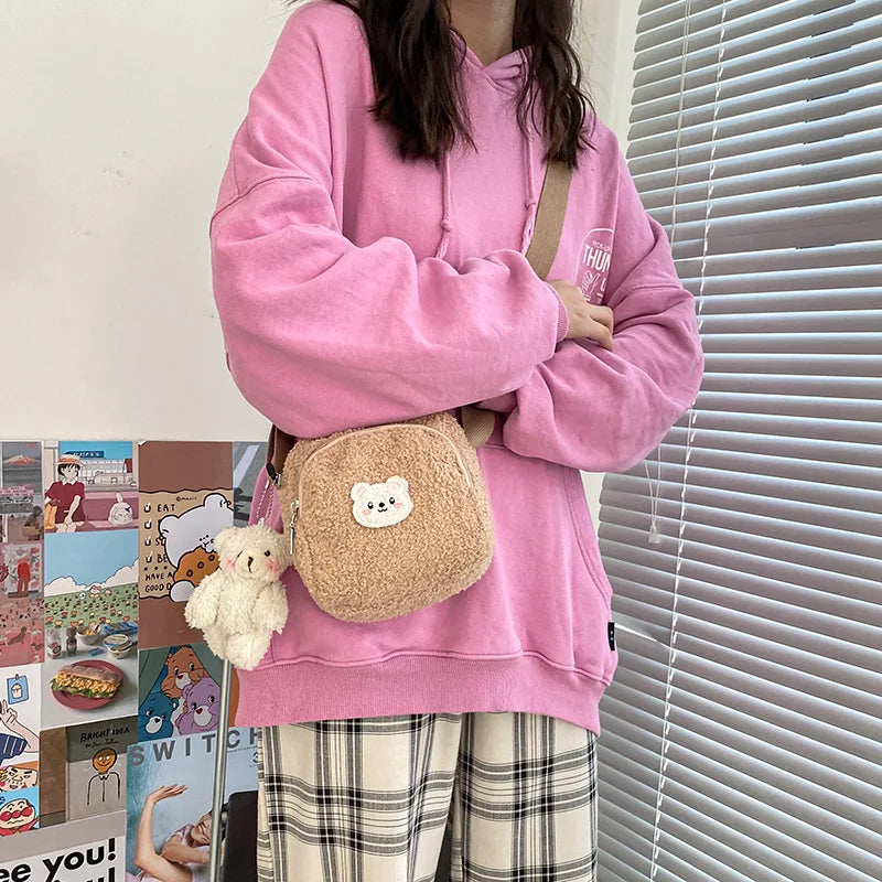 Bear Messenger Bag for Women Plush Phone Bag Handbags Small Shoulder Crossbody