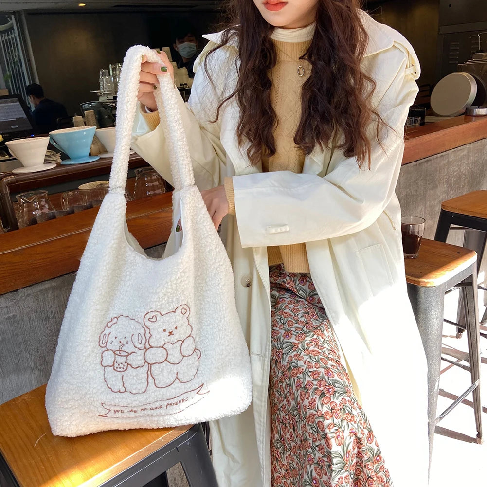 Large Capacity Bear Plush Underarm Bag Embroidered Shoulder Handbag