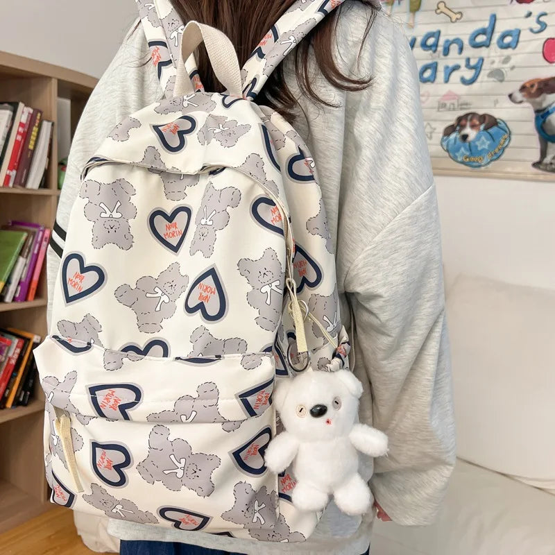 Bear Print Waterproof Schoolbag For Teens Student Backpack Nylon Girls Bagpack