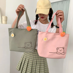 Bear Women Canvas Zipper Bag Student Tote Satchel Travel Purse Handbag