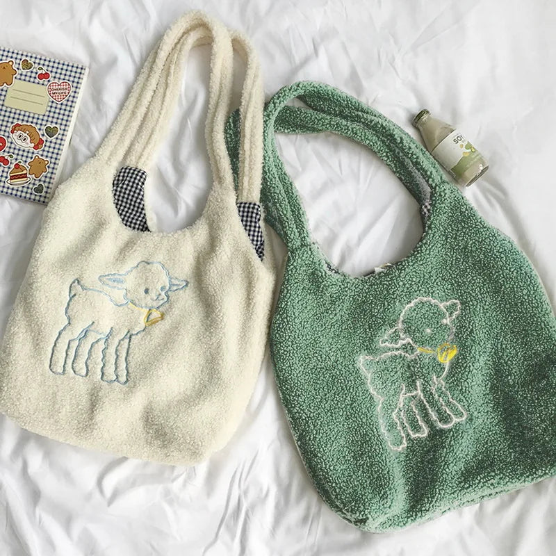 Canvas Handbag Tote Lamb Fabric Shoulder Bag Fur Sheep Print Handbags