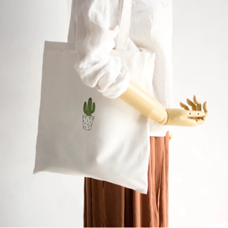 Cactus Print Reusable Shopping Bag Canvas Tote Cartoon Eco Shopper Handbag
