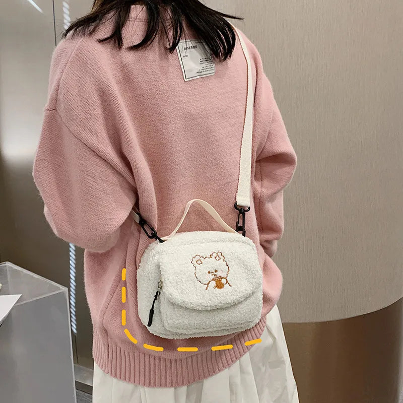 Embroidered Mini Crossbody Bag for Women, Plush Shoulder Bag