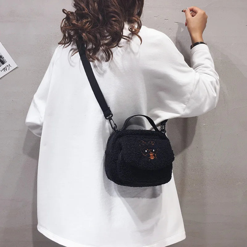 Embroidered Mini Crossbody Bag for Women, Plush Shoulder Bag