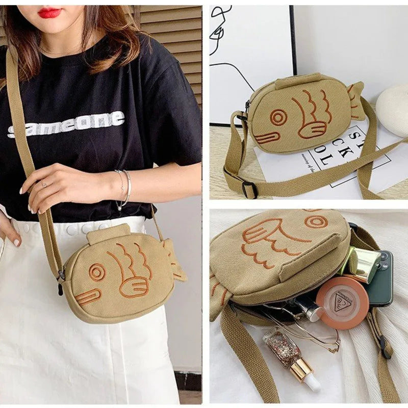 Embroidered Fish Shape Messenger Bag Zippered Crossbody Purse