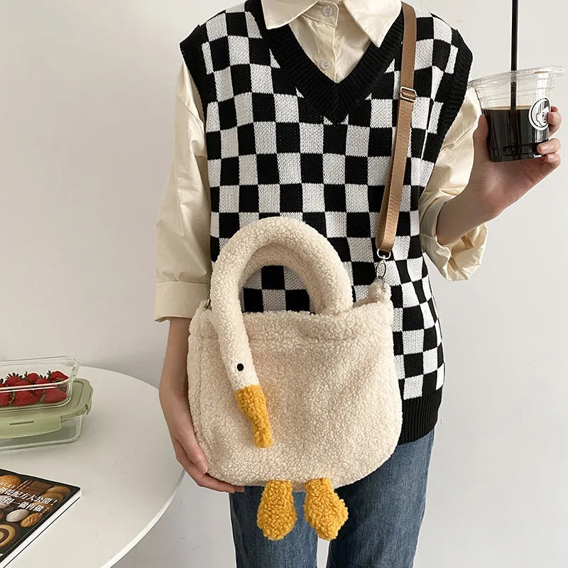 3D Goose Shoulder Bag for Winter Women Plush Tote Sweet Female Crossbody Bag