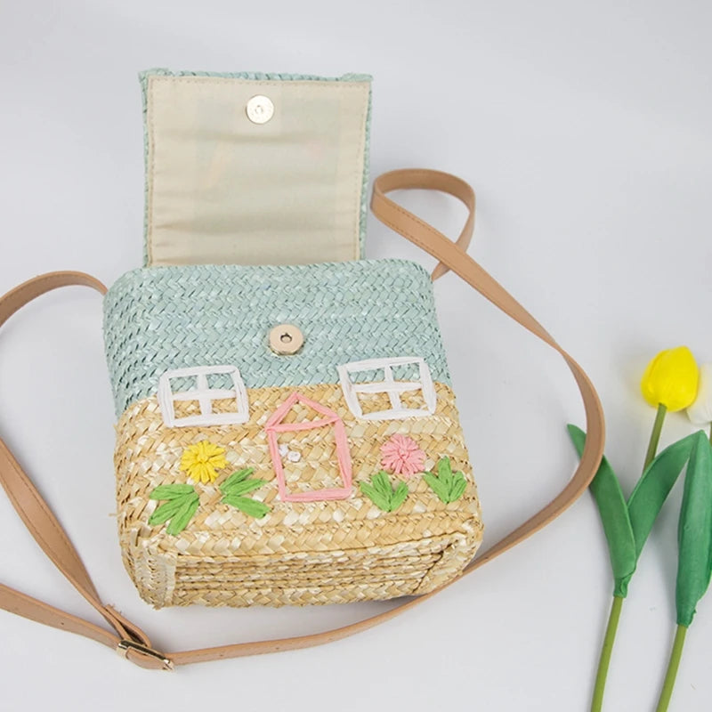 Cartoon House Print Woven Kids Shoulder Bag Straw Handbag Crossbody Purse