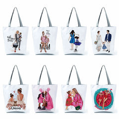 Cartoon Mama Linen Tote Bag Reusable Mom Baby Women Casual Shoulder Bag