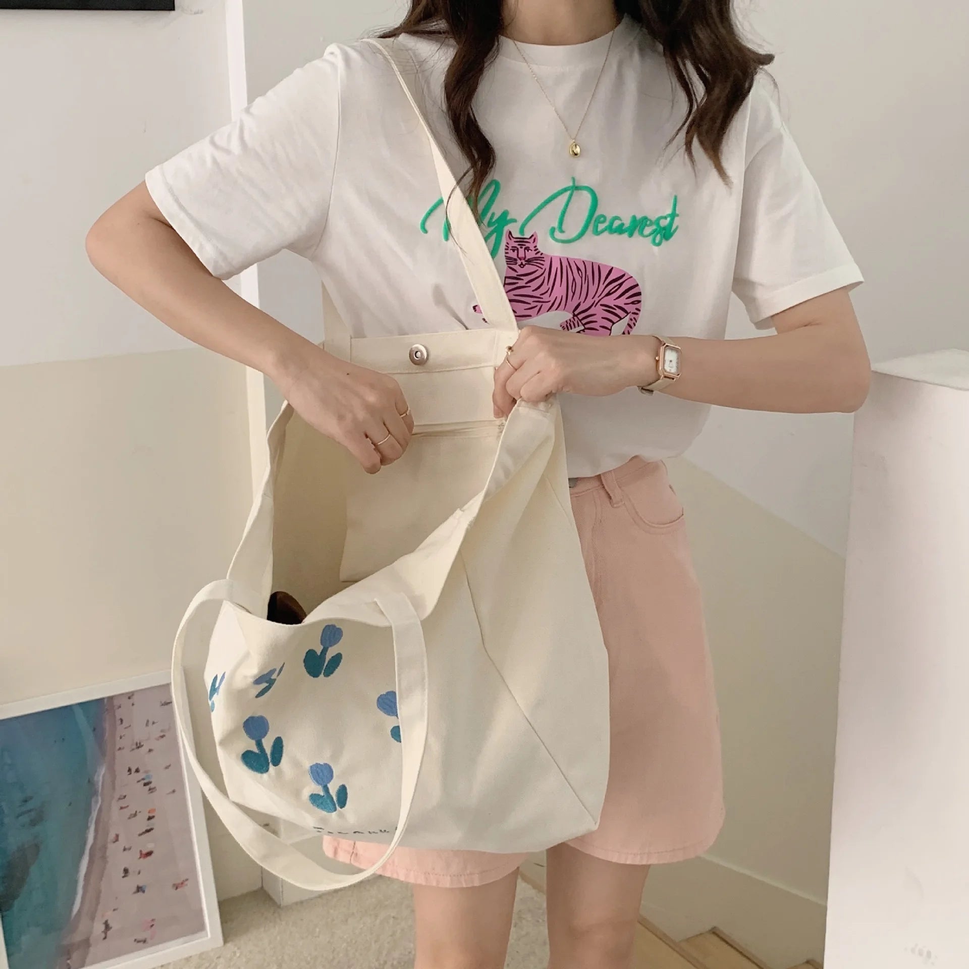 Casual Canvas Shoulder Bag for Women Large Capacity Shopping