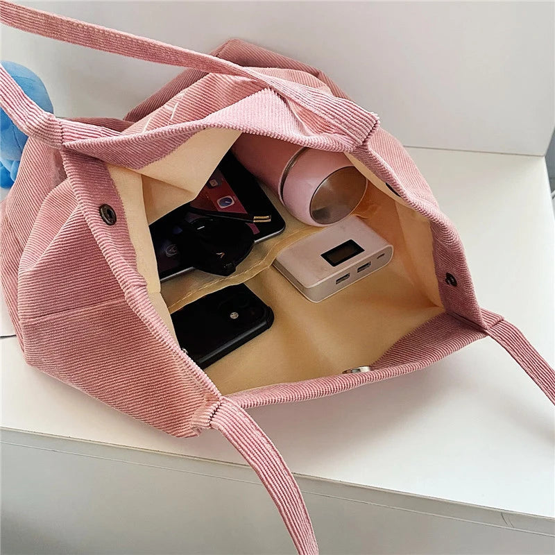 Pink Corduroy Shoulder Bag with Bear Embroidery