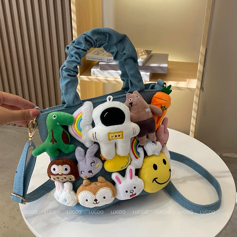 Denim Cartoon Dolls Bucket Shoulder Crossbody Bag
