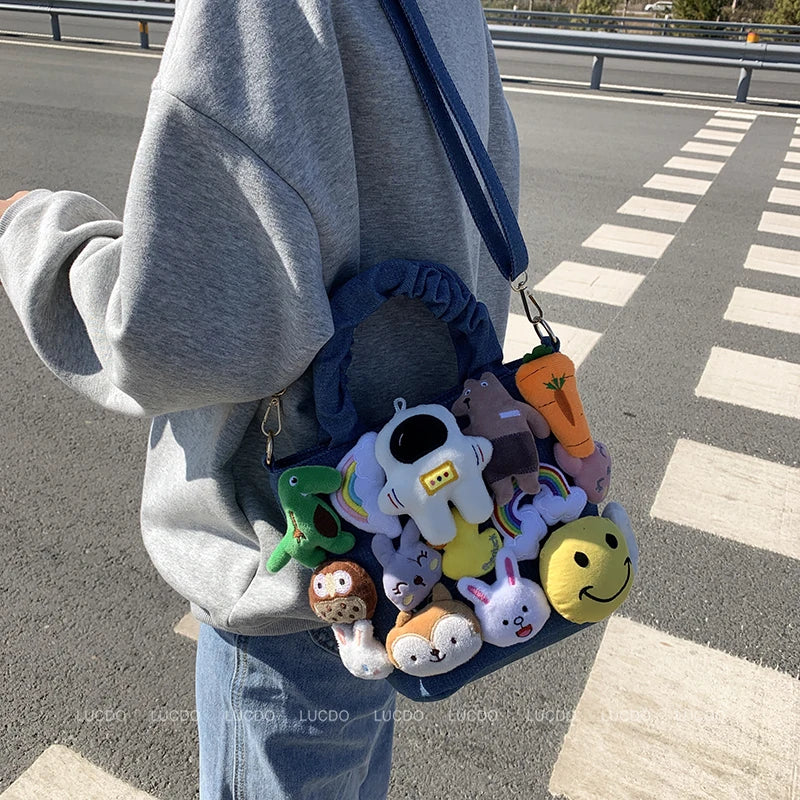 Denim Cartoon Dolls Bucket Shoulder Crossbody Bag