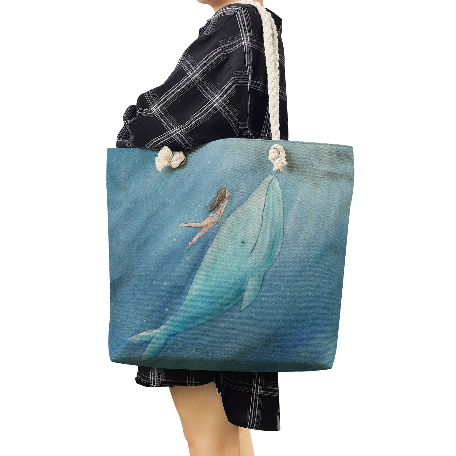 Girl Whale Sea Series Printed Handbags Linen Women Totes Shoulder Bag