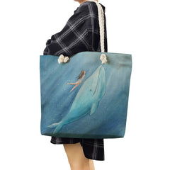 Girl Whale Sea Series Printed Handbags Linen Women Totes Shoulder Bag