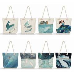 Girl Whale Sea Series Printed Handbags Linen Women Totes Shoulder Bag