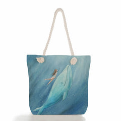 Girl Whale Sea Series Printed Handbags Linen Women Totes Shoulder Bag