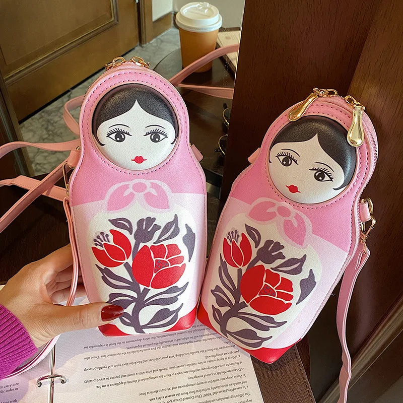Matryoshka Doll Shoulder Bag Pink Crossbody Handbag Small Clutch for Women