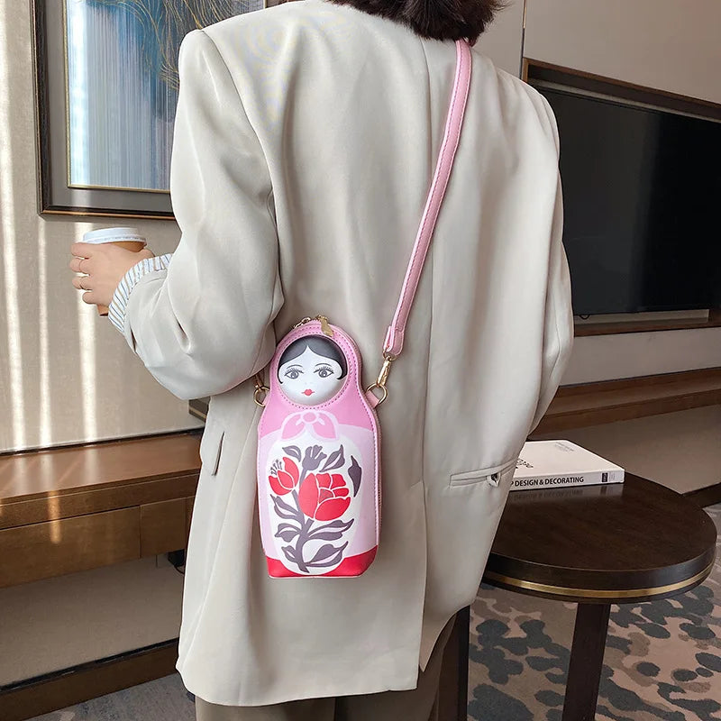 Matryoshka Doll Shoulder Bag Pink Crossbody Handbag Small Clutch for Women
