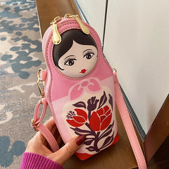 Matryoshka Doll Shoulder Bag Pink Crossbody Handbag Small Clutch for Women