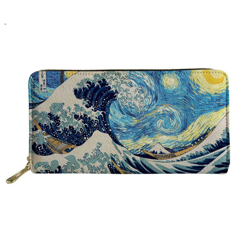 Ocean Wave Print Long Wallet Coin Phone Zip Wallet Card Holders Clutch Bag